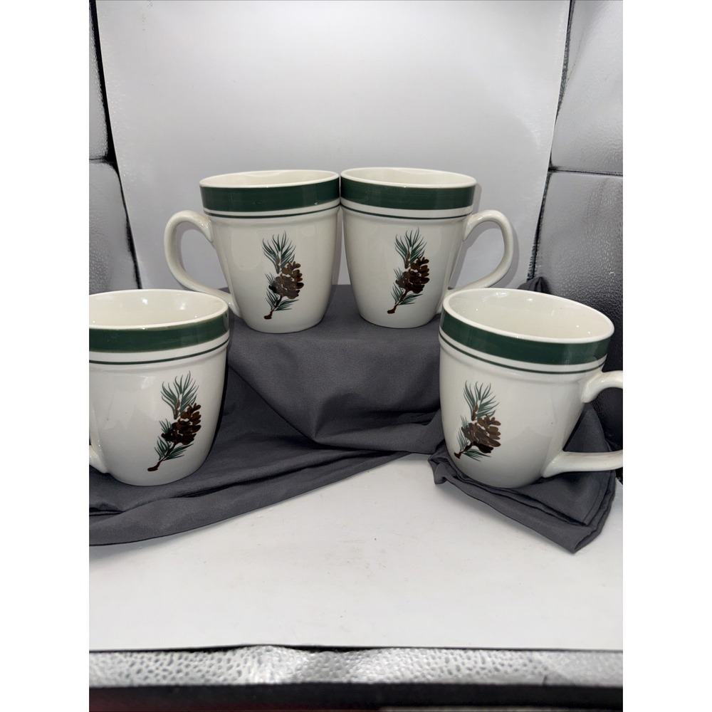 One L.L. Bean Evergreen Mug Coffee Cup Stoneware Pinecone Green Stripe Set Of 4